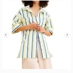 NWT Sz S Anthropologie Oversized Boxy White/lime/blue Button Down